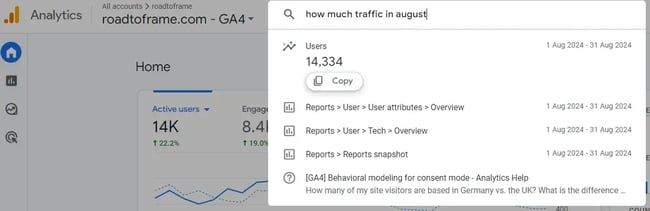 screenshot of google analytics with an example of how ai business analytics works. the ai has summarized data from the report, delivering augusts total number of users.