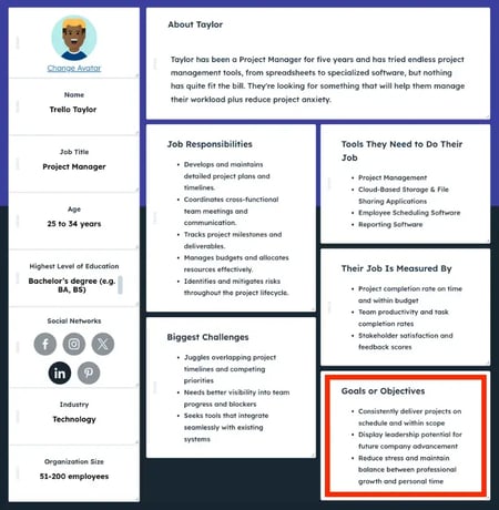 Trello Taylor, Buyer persona example made with the free HubSpot builder