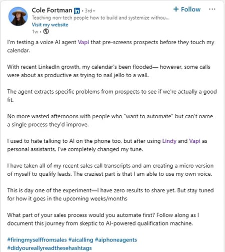 ai agents for small businesses linkedin post from cole fortman about building an ai agent that pre-screens prospects