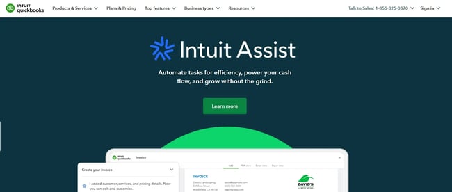 ai agents for small businesses screenshot of the website homepage of intuit assist