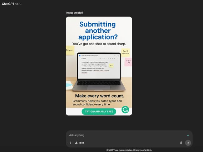 chatgpt-generated grammarly ad targeting a specific marketing persona