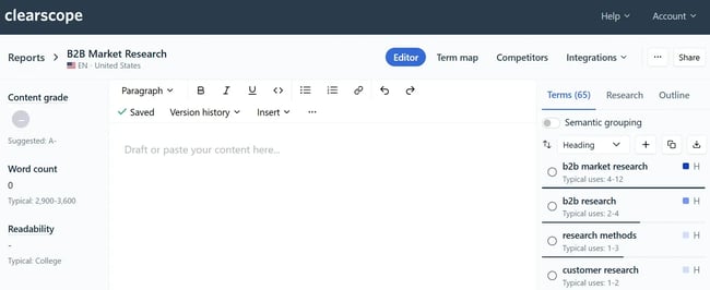 content research - clearscope keywords and headings