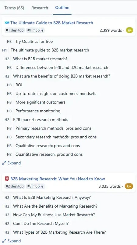 content research - clearscope outlines of competitors