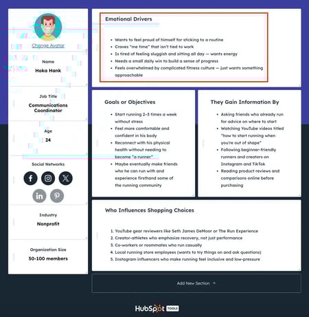hoka hank, marketing persona example made with the free hubspot builder