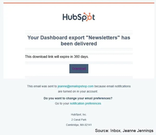 hubspot transactional email that a dashboard export is ready for download; ‘download’ button is dark grey and text on it is dark purple