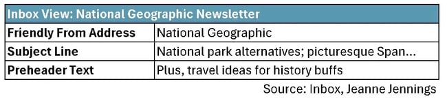 inbox view of national geographic newsletter. friendly from address is their brand; subject line and preheader text talk about travel destinations mentioned in the newsletter