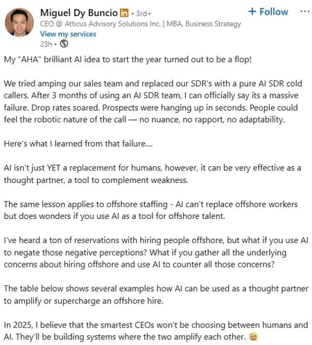 linkedin post from miguel dy buncio sharing a business failure triggered by not properly deploying ai sdr tools