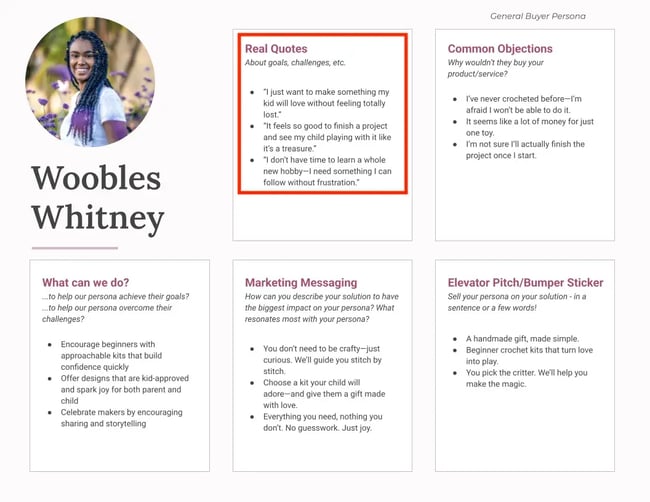woobles whitney, customer persona example made with a free hubspot template