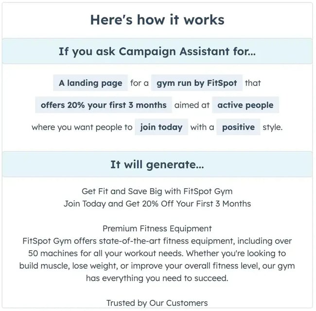 hubspot ai campaign assistant for landing page