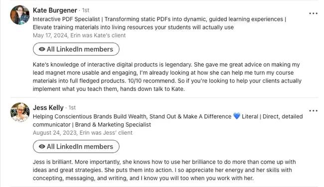 screenshot of linkedin recommendations i’ve given.