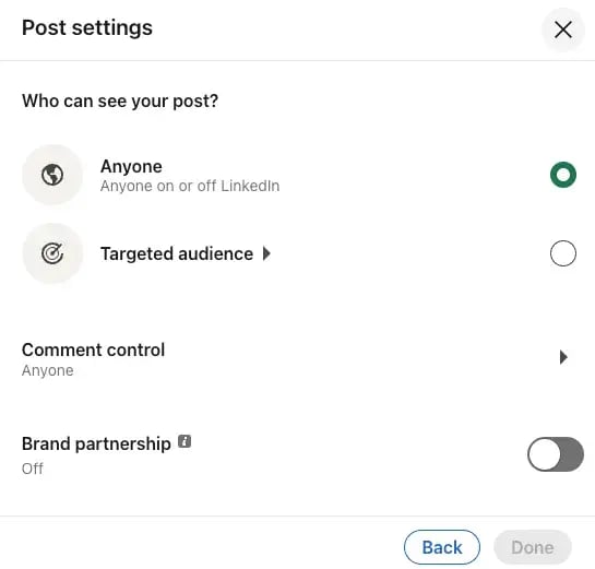 screenshot of LinkedIn post settings