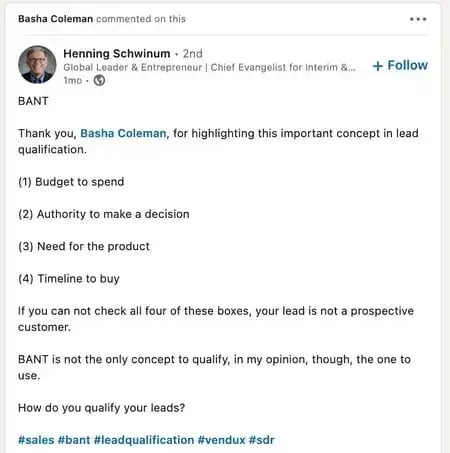 example of linkedin marketing tip from henning schwinum: share external articles