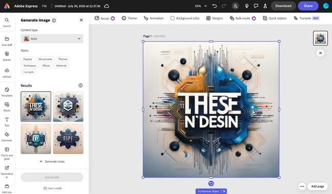 adobe express ui and graphic design outputs, blog post banner generated by ai
