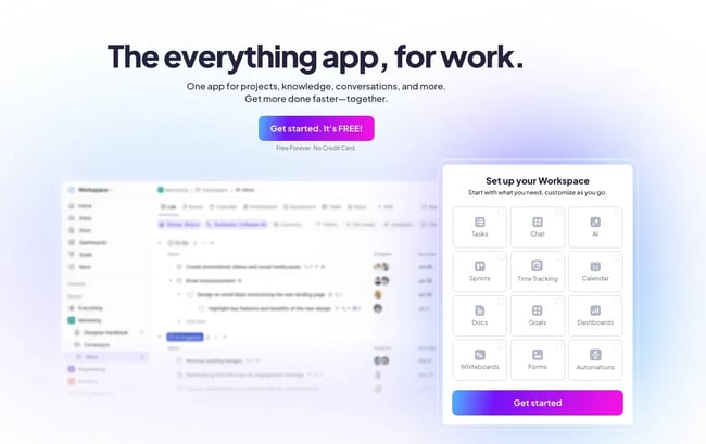 ai project management, clickup homepage