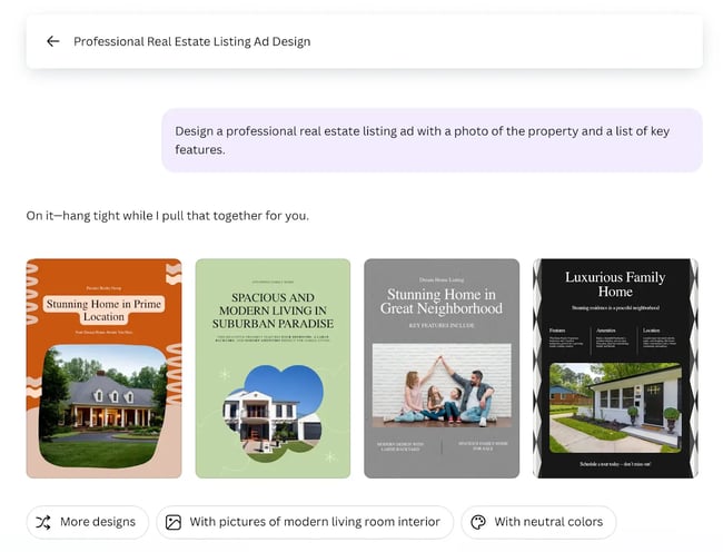 four outputs for a preset prompt in canva, ai-generated real estate listing designs