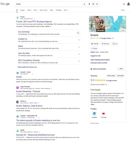 screenshot from google serps shows how social media marketing has helped the brand dominate serps for branded search.