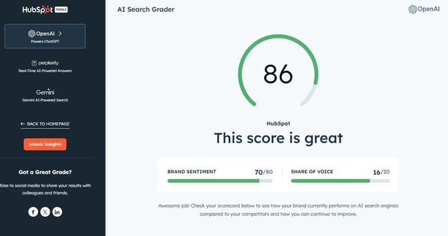 screenshot from hubspot’s ai search grader shows the role brand sentiment plays. social media mentions contribute to this.