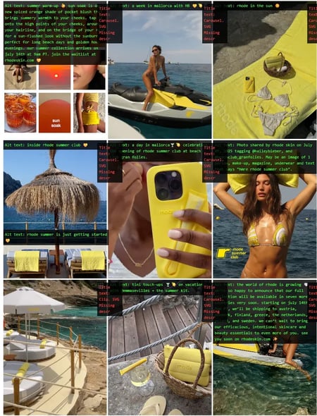 screenshot from rhode’s instagram shows a high use of detailed alt text. this social media strategy is excellent for seo.