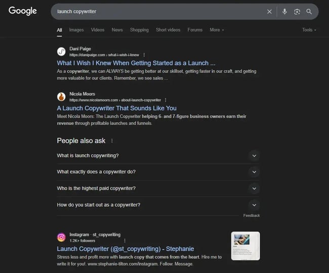 screenshot of google serps showing an instagram account ranking in position three.