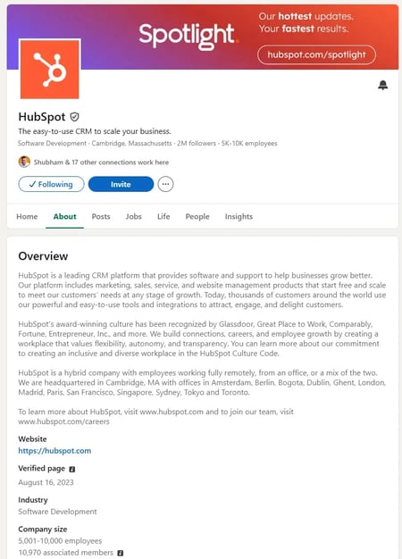 screenshot of hubspot’s linkedin profile