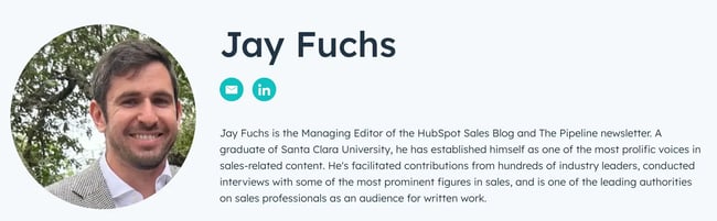 screenshot of jay fuchs’ bio on the hubspot blog for social media seo