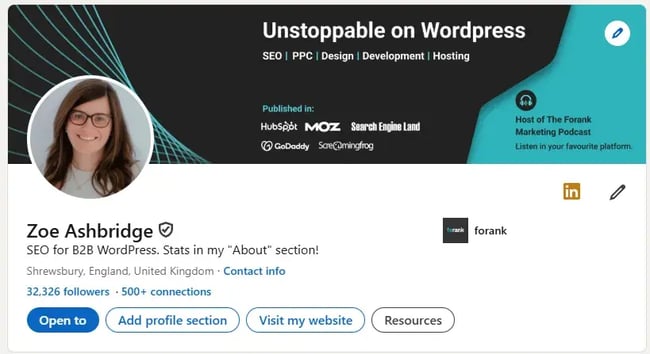 screenshot of my linkedin profile demonstrating an optimal bio for search.