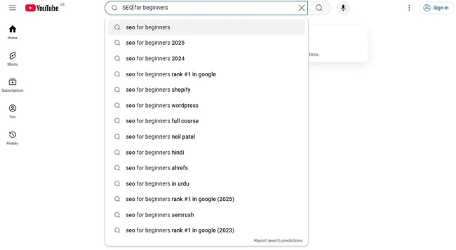 screenshot shows the youtube search bar in action, demonstrating how youtube can be used as a search engine.