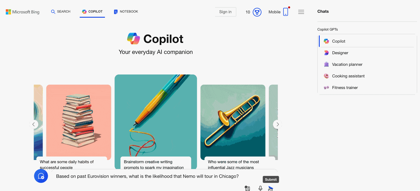 top search engine, Bing, in action with Copilot integration