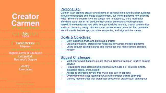 Carmen is an aspiring creator who dreams of going full-time. She built her audience through written posts and image-based content, but knows platforms now prioritize video. Since she doesn't have the budget now to outsource, she's looking for affordable tools that let her produce high-quality, professional-looking content herself. She often learns new skills through YouTube tutorials, creator communities, and from observing design elements from creator videos on social. She gravitates toward brands that feel approachable, supportive, and align with her values.